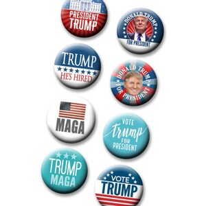 Donald Trump 2024 - 8-Pack Mini Buttons - 1&quot; Lapel Pins in Assorted Designs - Make America Great Again, photo, white house pin button #3725