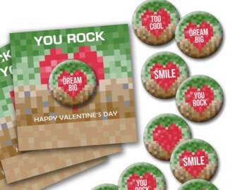 Pixel Mine Game Valentine's Day Cards with Buttons - 25 Pack - Valentine School Favor Gift for Kids - Be Mine Video Gamer You Rock