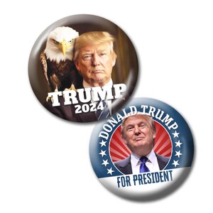 2-PACK Trump Buttons - Donald Trump 2024 - Photo with Sitting Eagle and Rally Button - for President - 2.25 size pin button - C