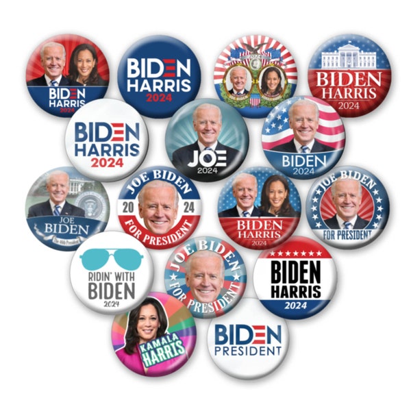 Biden Harris 2024 Buttons - 16-pack 2.25" - President Democrat Photo Campaign Pins Assorted Design Lot - Kamala Joe