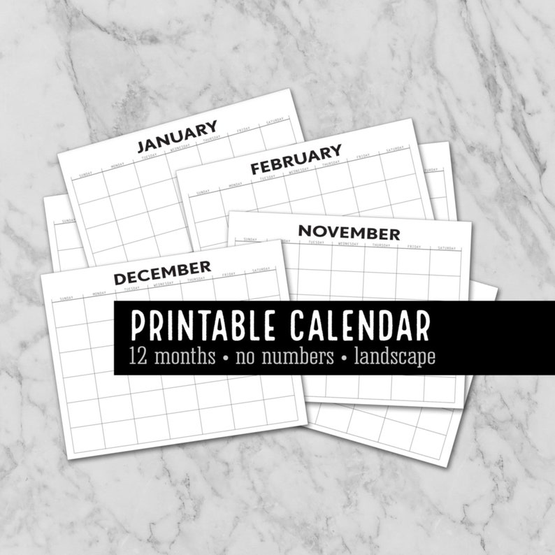 Monthly Blank Calendar Modern Bold Horizontal Printable 12 - Etsy