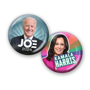 Joe BIDEN and Kamala Harris 2024 - 2-Pack Buttons - Colorful Photo Pin Designs - President and Vice President - Pop Art