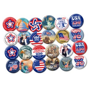 24-Pack Buttons - USA 250 1776-2026 Assorted Designs