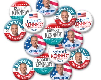 Robert Kennedy 2024 25-Pack Buttons - 2.25" Circle Pin - Modern Democrat Convention Photo Design and Preppy usa Flag - RFK JR