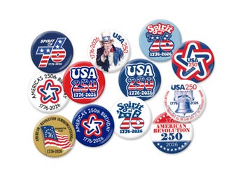 12-Pack 1.5" Buttons - USA 250 1776-2026 Assorted Designs