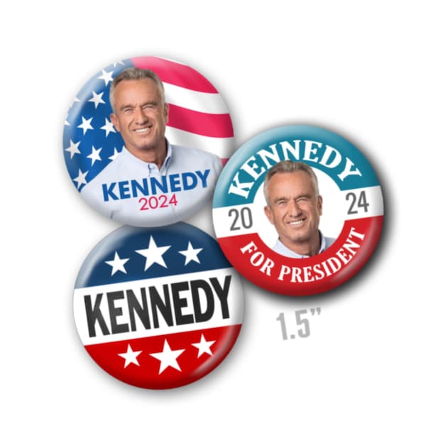 Robert Kennedy 2024 3-Pack Buttons - 1.5" Circle Pin - Modern Democrat Convention Photo Design and Preppy usa Flag - RFK JR