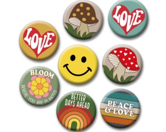 Groovy Buttons 8 Pack - 1.5" - Retro 70s Merry Mushroom Art Elements - Love Heart Smiley Face Rainbow Gift - Party Favors