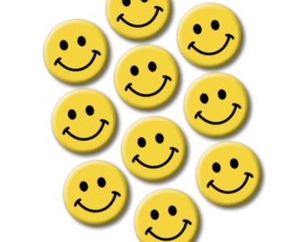 10 Yellow Smiley Face Buttons - 1.5" - Groovy Retro Smile 70s Art Elements - Happy Face Kids Party Favors - Classroom Exchange