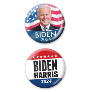 Biden Harris 2-PACK Buttons - Photo 2024 Classic Flag and Campaign Designs 2.25&quot; Button Pin - Vice President Kamala Joe Biden Democrat