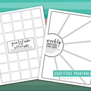 Pode incluir: Duas páginas de diário de gratidão imprimíveis. A primeira página é um gráfico de gratidão mensal com o texto "gratitude is an attitude". A segunda página é um desafio de gratidão semanal com o texto "weekly gratitude challenge". Ambas as páginas têm o texto "gratitude printables" na parte inferior.