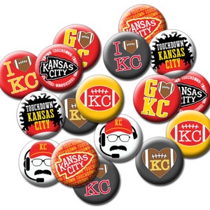 May include: A collection of 12 round buttons with various designs featuring the Kansas City Chiefs logo, including a football, a heart, and the words "Go KC", "I Love KC", "Touchdown Kansas City", and "Kansas City".