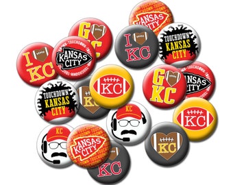 Red Yellow Football Buttons - MINI 1" or 1.5" - Super Red and Yellow Designs - I Heart KC, Touchdown Kansas City, Go KC