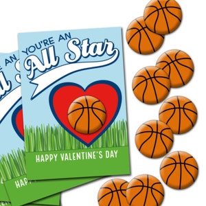 25 BASKETBALL Classroom Kids Valentines Day Cards with assorted Buttons - No Candy Alternative - all Star Sports Teacher Student Exchange