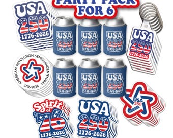 America 4th of July Party Pack for 6: USA Stickers, Can Coolers, Magnets, Keychains 250