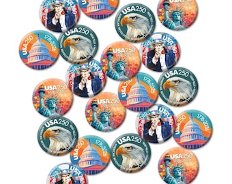 25-Pack Buttons: USA 250 - Colorful Designs - Uncle Sam, Eagle, Capital, Statue Liberty Semiquincentennial 1776-2026