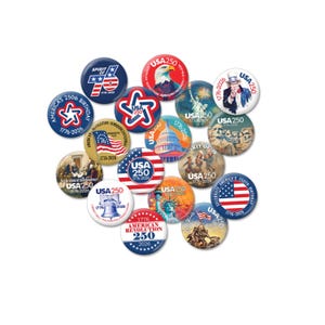 May include: A collection of round, colorful pinback buttons celebrating the 250th anniversary of the United States. Designs include the American flag, historical figures, and patriotic symbols. The buttons are white, red, blue, and gold.
