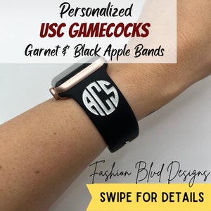 USC Carolina Gamecocks Personalized Apple Watch Band • Garnet & Black Laser Engraved Silicone • Fits ALL Series: 38/40/41/42/44/45/49mm