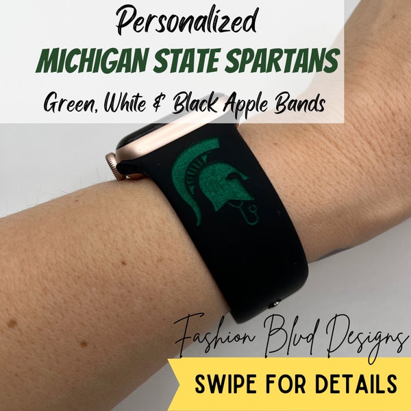 Michigan State Spartans Personalized Apple Watch Band • Green, White & Black Engraved Silicone • Fits ALL: 38/40/41/42/44/45/49mm • Football