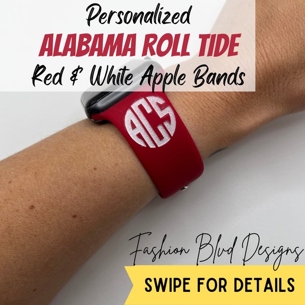 Alabama Roll Tide Personalized Apple Watch Band • Crimson & White Engraved Silicone • Fits ALL: 38/40/41/42/44/45/49mm • College Football