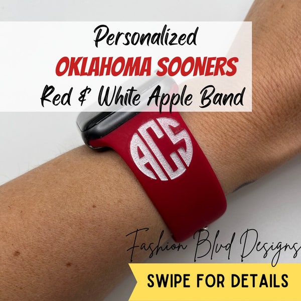 Oklahoma Sooners Personalized Apple Watch Band • White & Crimson Engraved Silicone • Fits ALL: 38/40/41/42/44/45/49mm • College Football