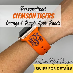 Clemson Tigers Personalized Apple Watch Band • Orange & Purple Laser Engraved Silicone • Fits ALL: 38/40/41/42/44/45/49mm • College Football