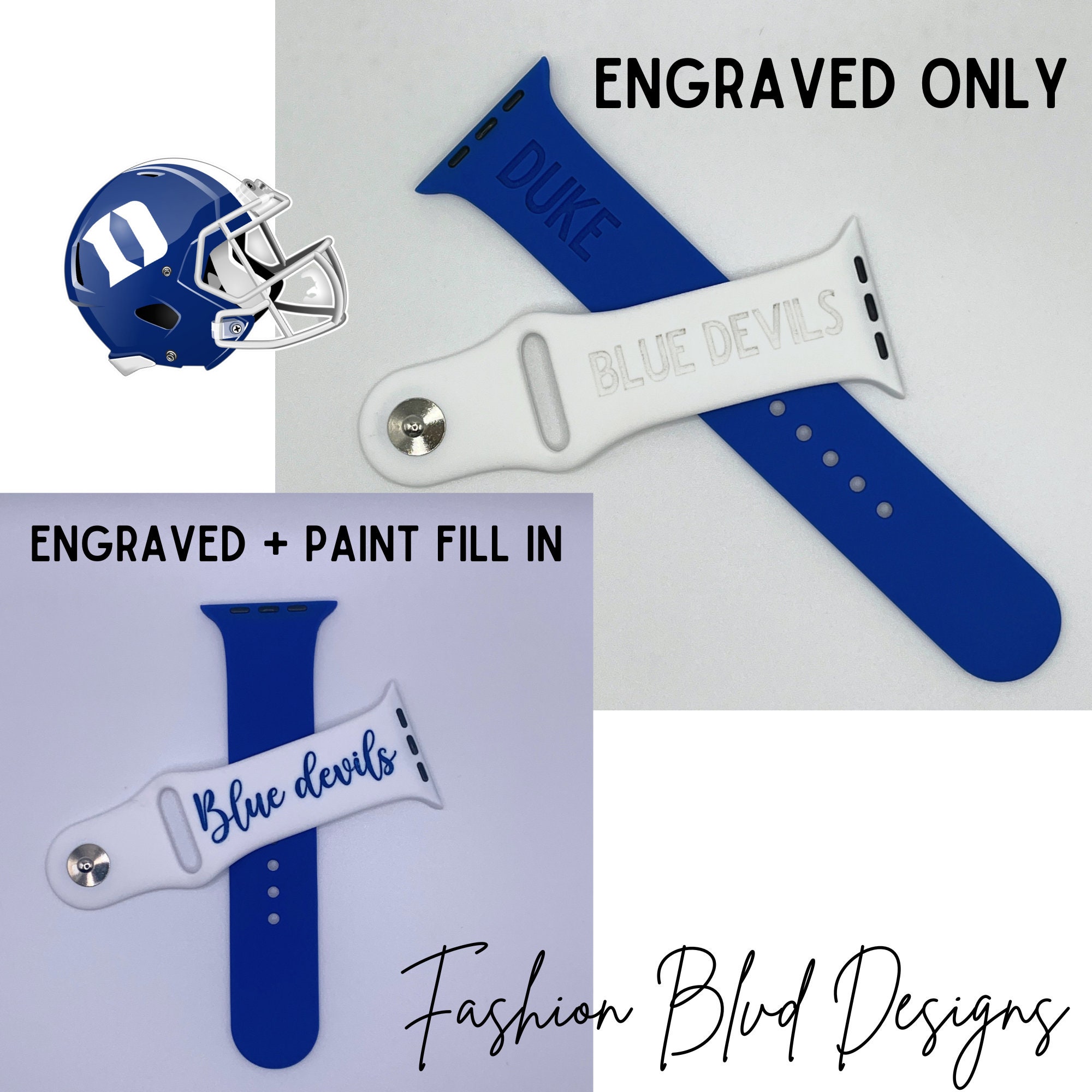 Duke Blue Devils Personalized Apple Watch Band White Blue Laser Engraved Silicone Fits ALL 38 40 41 42 44 45 49mm College Football Etsy