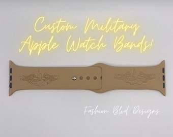 Military Customized Apple Watch Band • Laser Engraved Silicone • Personalized • Fits 3, SE + Series 7: 38 40 41 42 44 45mm • Navy USMC Army