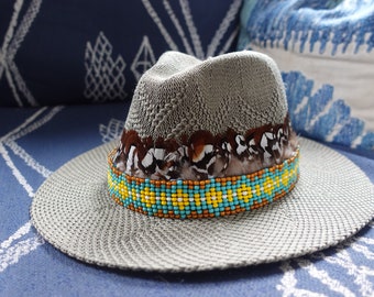 SOLD Hand-beaded Embellished Summer Hat with Feather Trim | Women's Hat | One of a Kind | Gold and Blue | Packable Fedora