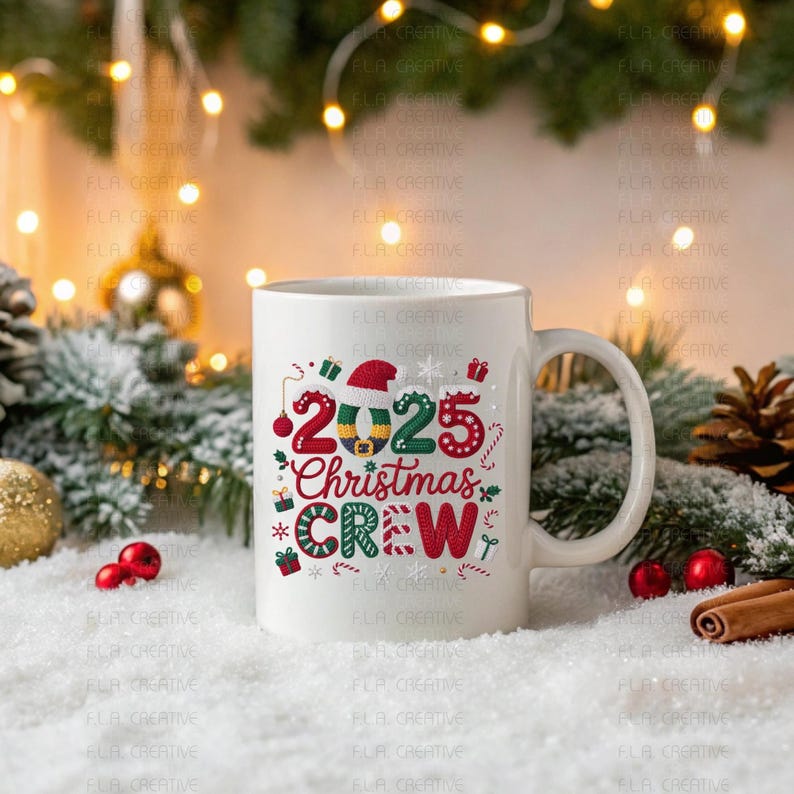 A white mug with a festive Christmas-themed design sits on a snowy surface, surrounded by holiday decorations such as pine cones, ornaments, and a garland with twinkling lights.