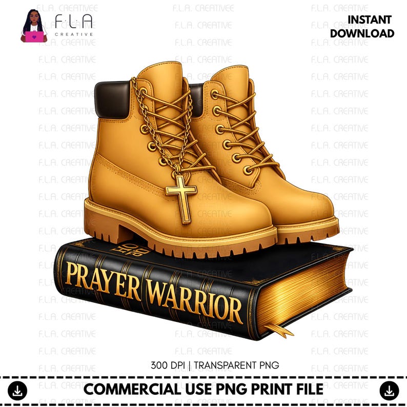 a pair of tan boots with a cross on the heel, placed on top of a black book titled "Prayer Warrior".
