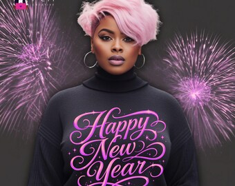 Happy New Year PNG: Pink Script Sparkle Sublimation Design - Commercial Use (Digital Download)
