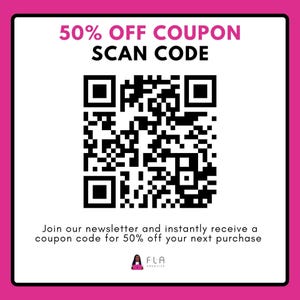The image is a promotional poster for a 50% off coupon. It features a QR code and a message inviting viewers to join the newsletter to receive a 50% off coupon code for their next purchase.