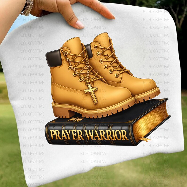 A hand holding a white cloth with a pair of tan boots and a black book with the title "PRAYER WARRIOR" printed on it.
