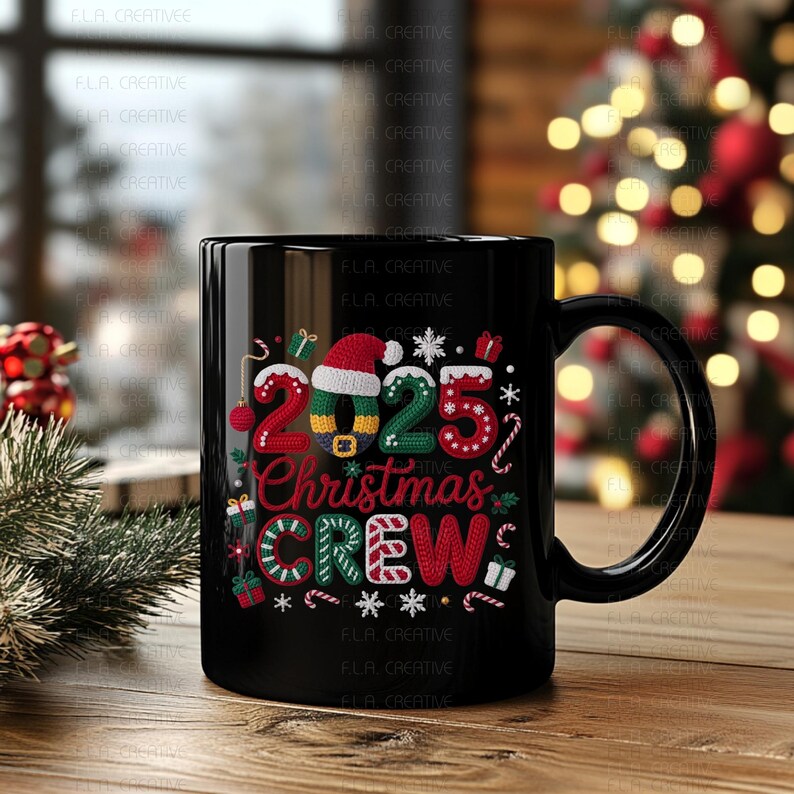 A black coffee mug with a festive Christmas-themed design, featuring the text "2025 Christmas Crew" and various holiday-themed elements such as snowflakes, presents, and a Santa hat.