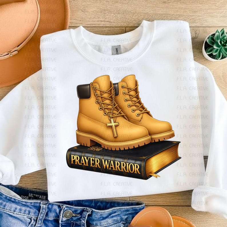 A white t-shirt with a graphic design of yellow boots on top of a black book titled "Prayer Warrior".