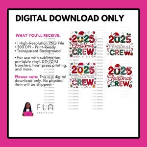 The image is a digital download advertisement for a Christmas crew design, featuring various designs of the same Christmas crew.