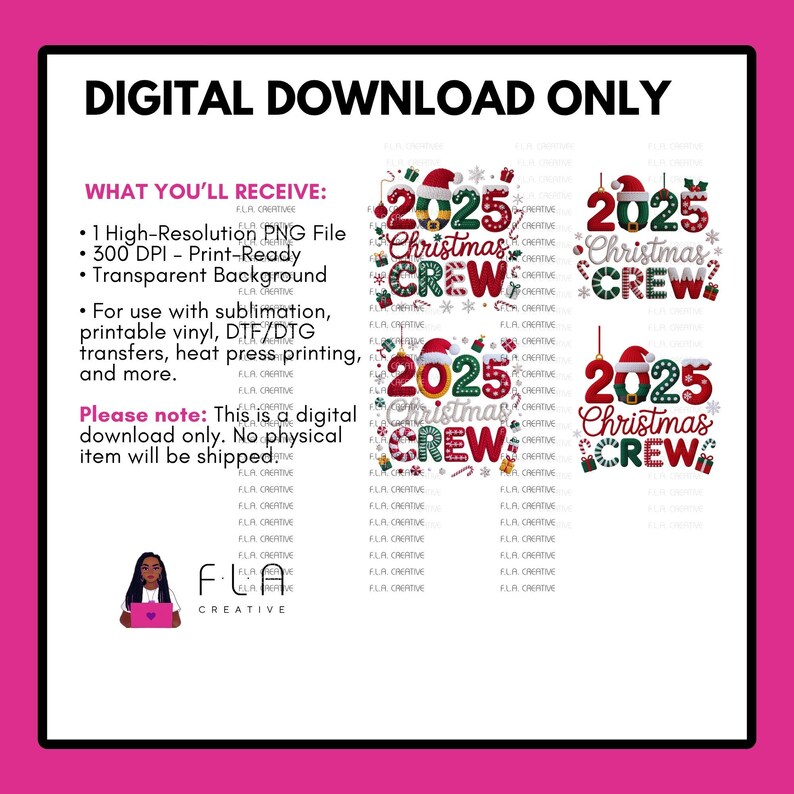 The image is a digital download advertisement for a Christmas crew design, featuring various designs of the same Christmas crew.