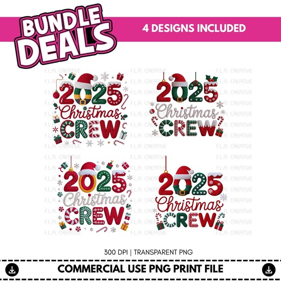 2025 Christmas Crew  Faux Embroidery PNG Bundle, Crochet Sublimation Design (Instant Download)