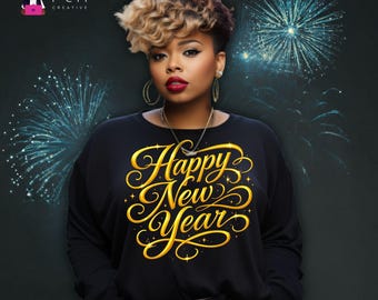 Happy New Year PNG: Gold Script Sparkle Sublimation Design - Commercial Use (Digital Download)