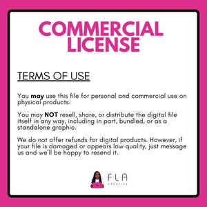 a commercial license agreement for the use of a digital file, which is intended for personal and commercial use on physical products. The text states that the file may not be resell, shared, or distributed in any way, including as a standalone graphic. The company does not offer refunds for digital products, but if the file is damaged or appears low in quality, they will be happy to resend it. The logo of FLA Creative is also present in the image.