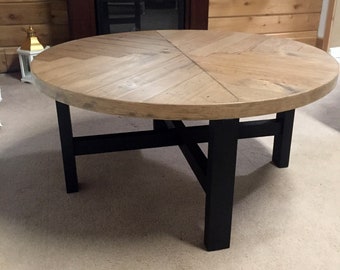 Rustic Herringbone Pattern Round Coffee Table with Black Wood Legs