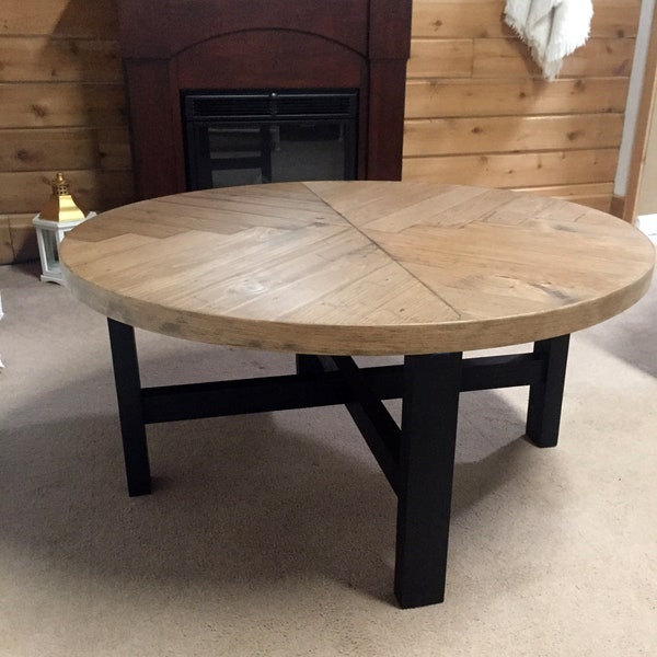 Rustic Herringbone Pattern Round Coffee Table with Black Wood Legs