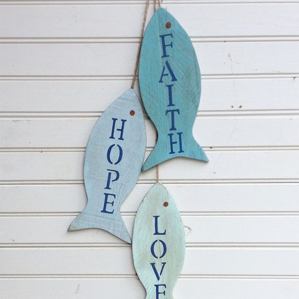 Painted String of Fish Wall decor made with pallet wood - 11" wood fish - Faith Hope Love wall art for beach house or lake house special