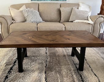 Rustic Herringbone Coffee Table with Chunky Metal Legs - modern farmhouse style, rustic decor