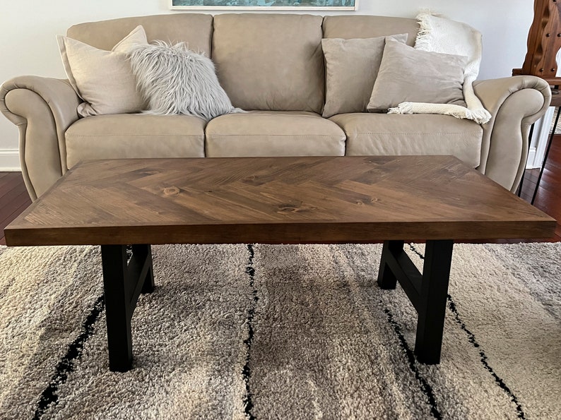 Rustic Herringbone Coffee Table with Chunky Metal Legs modern farmhouse style, rustic decor image 1