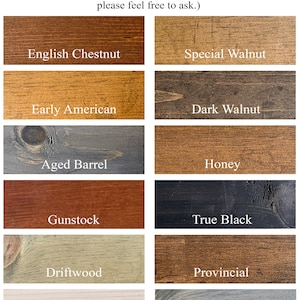 May include: A chart of Minwax wood stain colours. The colours are arranged in two columns of five colours each. The colours are: English Chestnut, Special Walnut, Early American, Dark Walnut, Aged Barrel, Honey, Gunstock, True Black, Driftwood, Provincial, Natural, and Classic Grey.