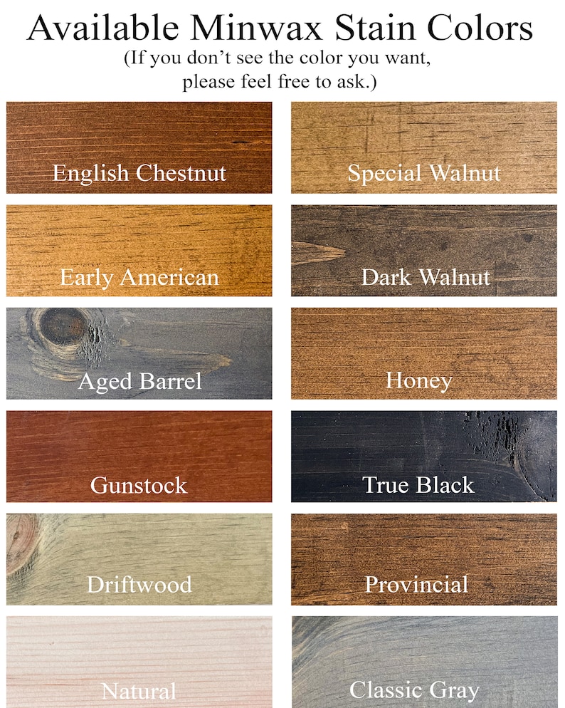 May include: A chart of Minwax wood stain colours. The colours are arranged in two columns of five colours each. The colours are: English Chestnut, Special Walnut, Early American, Dark Walnut, Aged Barrel, Honey, Gunstock, True Black, Driftwood, Provincial, Natural, and Classic Grey.