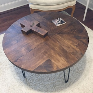 Modern Farmhouse Round Coffee Table Mid-Century Hairpin Leg Herringbone pattern - rustic decor -30" or 36"