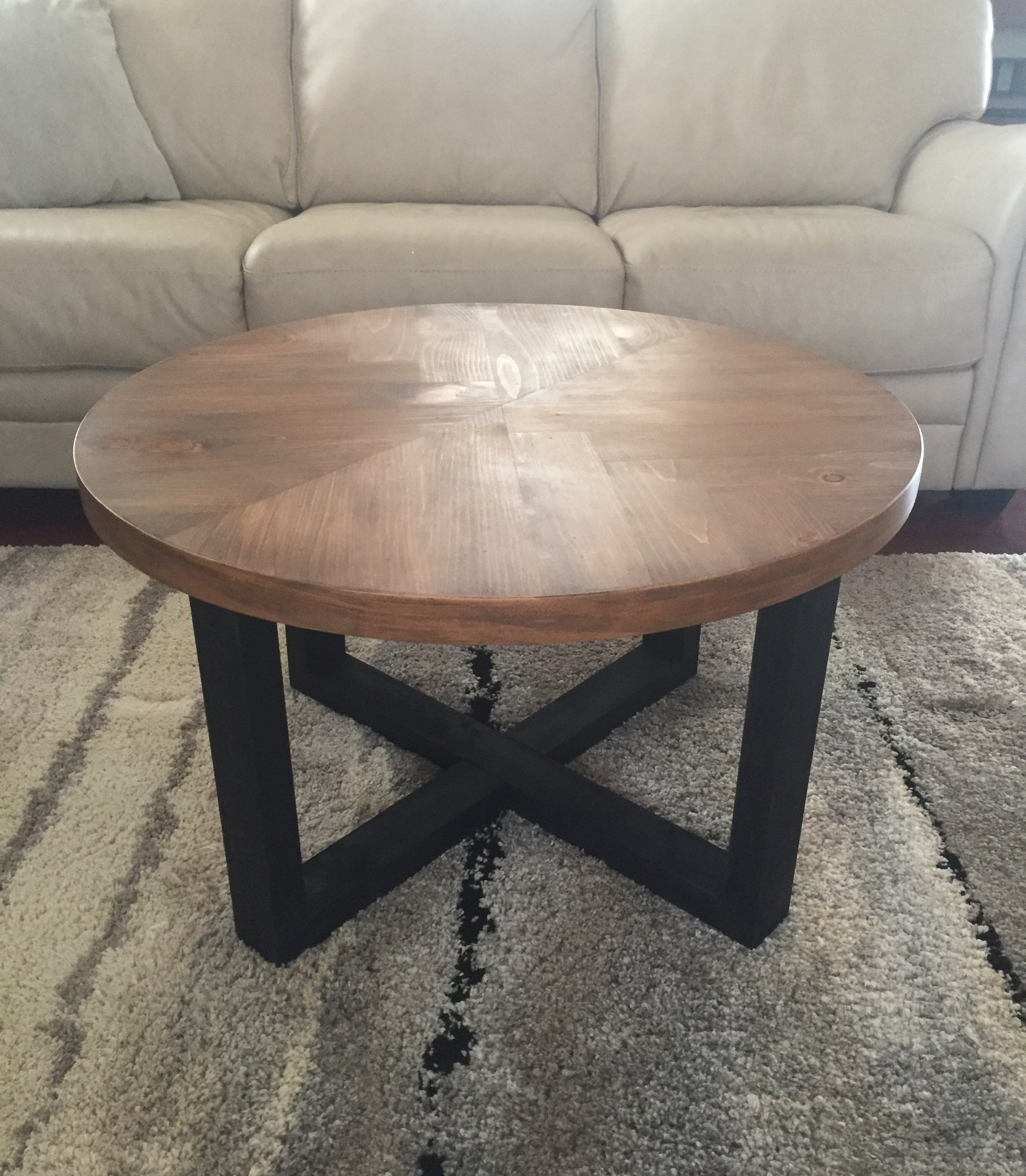 Round Rustic Wood Herringbone Pattern Coffee Table with Black Etsy