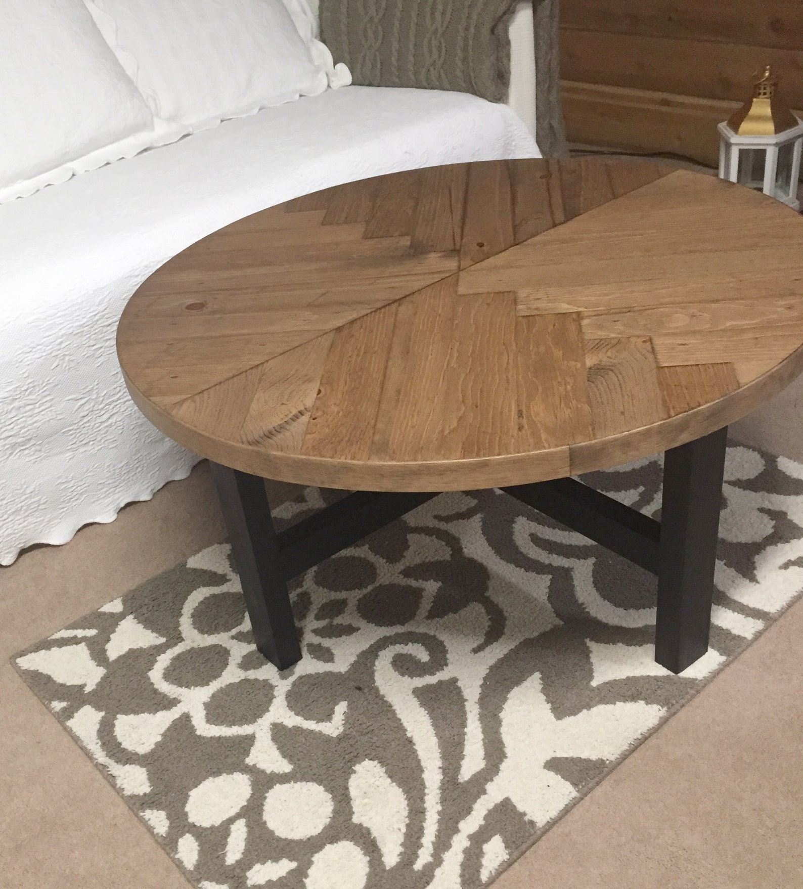 Rustic Herringbone Pattern Round Coffee Table With Black Wood Etsy